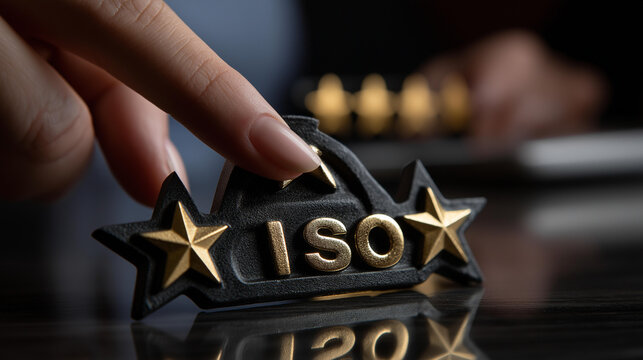 Faceless finger pressing ISO certification badge with golden stars on black background, quality standards, international compliance, business certification, professional