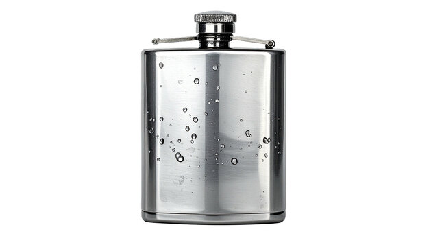 A sleek, metallic flask with condensation droplets against a dark, featureless backdrop