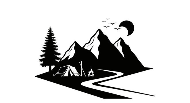 Camping Scene with Mountains and Tree Silhouette.