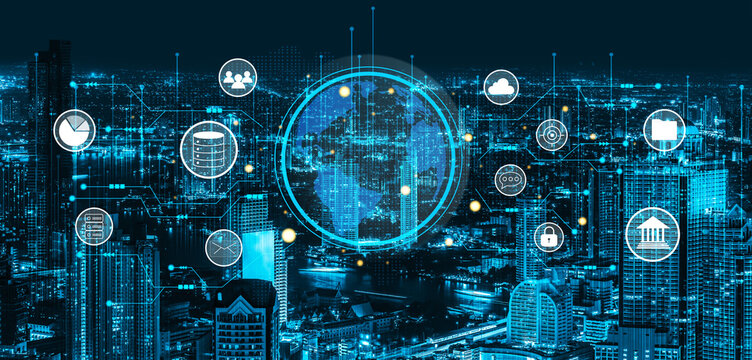 A global business network and digital infrastructure concept. A worldwide connection of services including data, finance, and secure communication. Motif