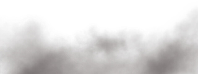 Realistic black smoke and cloud particles isolated on transparent background. Dark fog overlay with drifting smoke effect. Design element for compositing, VFX, PNG