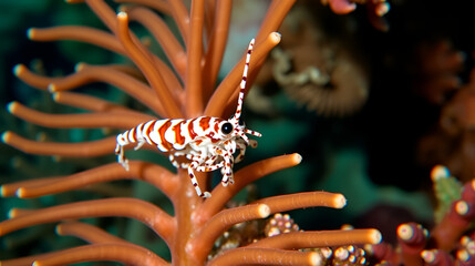 A camouflaged crinoid shrimp on a sea fan in the clear, warm waters of Raja Ampat, Indonesia