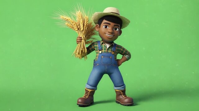 3D animated farmer in overalls and straw hat, holding a bundle of golden wheat on green screen