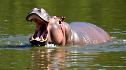 Hippopotamus tramping through the water opening his mouth