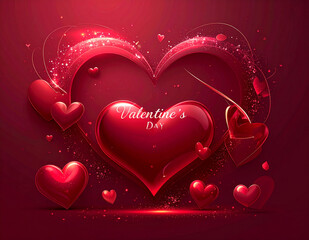 Luxury Valentine?s Day design featuring a large glossy heart, glowing sparkles and floating 3D hearts on a dark red background
