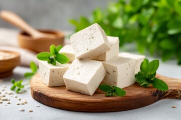 Fresh Plant-Based Protein Cubes on a Rustic Wooden Board with Herbs