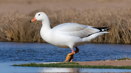 A Snow Goose Walking Near a Lake in New Mexico