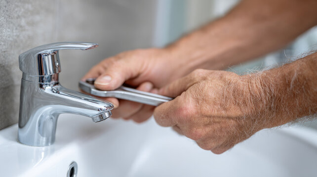 Plumber repairing faucet with wrench in modern bathroom