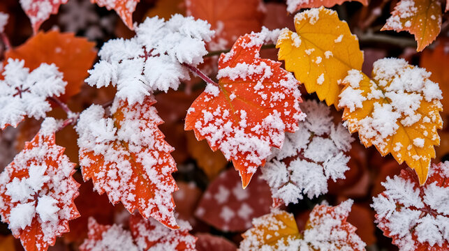 Snowflakes gently settle on autumn leaves frost, frozen, winter, nature