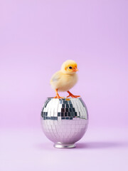 Tiny yellow chick standing on mirrored chrome disco-ball Easter egg in innocence and glamour on lavender background