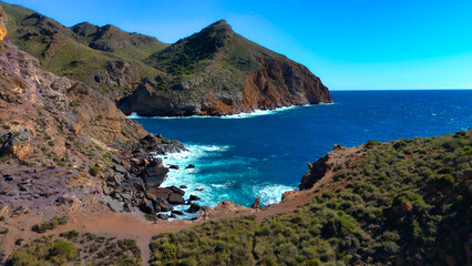 Fototapeta premium Aerial view of Cala Cerrada in Cabo Tiñoso, Cartagena, Region of Murcia, Spain