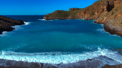 Fototapeta premium Aerial view of Cala Cerrada in Cabo Tiñoso, Cartagena, Region of Murcia, Spain