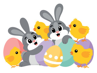 Obraz premium Easter Bunnies and Chicks with Colorful Eggs