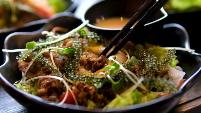 dipping meat in egg yolk, eggs Benedict in salad, poached egg, Asian food