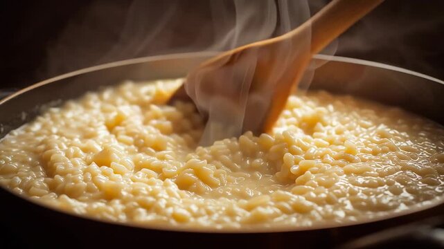 Creamy risotto cooking in pan with wooden spoon and steam rising in warm kitchen close up food scene