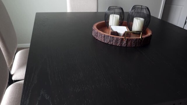 Minimal wooden desk background with natural light and copy space