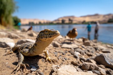 Fototapeta premium Wildlife Adventure on the Nile River Featuring Monitors and Birds