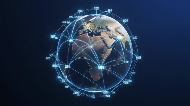 Global digital network connecting continents with glowing lines and data points, illustrating worldwide communication and technological interconnectedness on Earth