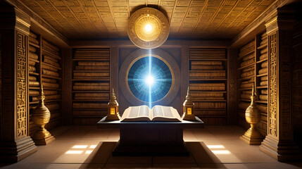 Divine light radiating a sacred shrine filled with ancient scrolls symbolic artifacts and celestial illumination