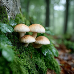 Fototapeta premium Wild mushrooms growing on moss-covered forest tree
