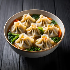 handmade deep fried and boiled pork meat dumpling wanton soup on dark grey wood background dim sum menu