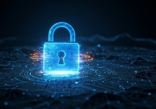 Cybersecurity data protection concept with abstract glowing lock and circuit board. Digital security system encryption. Secure information transfer technology illustration for data safety.