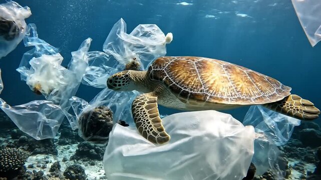 Green sea turtle swimming with plastic bags in polluted ocean