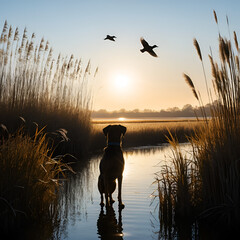 Silhouette of a hunting dog intently watching two ducks flying in the sky above tall reeds and marsh grass during a crisp autumn day
