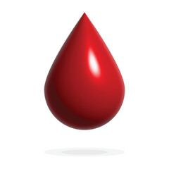 Obraz premium Realistic red blood drop vector isolated on white background. Glossy 3D liquid drip icon. Medical symbol for healthcare, transfusion or diabetes test. Shiny ink or oil fluid macro graphic design.