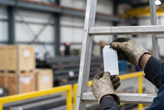 In a factory setting, a worker's gloved hands attach a blank paper safety tag to a metal ladder.