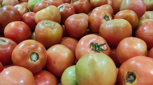 Tomates frescos e variados empilhados em uma banca de mercado