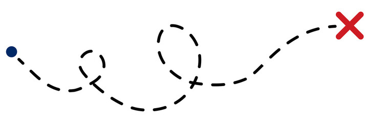 Old treasure map with red X mark and dotted trail leading to hidden spot. Ancient quest route with dashed path lines and cross symbol. Vector illustration isolated on white. © Віталій Баріда