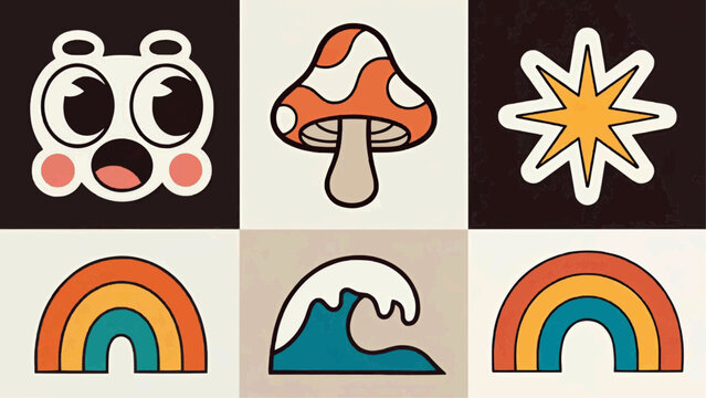 Vibrant Graphic Icons Depicting Nature and Emotions in a 3x2 Grid Layout