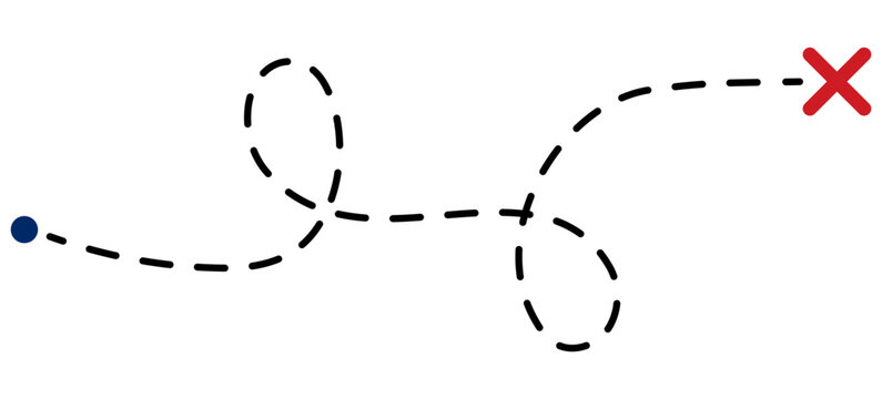 Old treasure map with red X mark and dotted trail leading to hidden spot. Ancient quest route with dashed path lines and cross symbol. Vector illustration isolated on white.