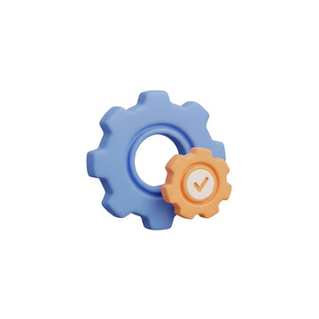 3D rendered illustration of two interlocking gears, one with a checkmark
