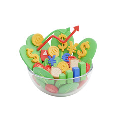 Obraz premium 3D rendered bowl of salad with money symbols and upward trend arrow
