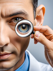 Doctor with human Ear anatomy model with magnifying glass. Ear disease