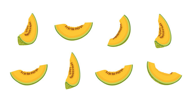 Multiple vibrant cantaloupe melon wedges, featuring orange flesh and green rind, are arranged in various orientations on a white background.