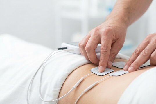 A therapist applies electrode pads for a TENS unit electrostimulation treatment on a patient's lower back for pain relief.