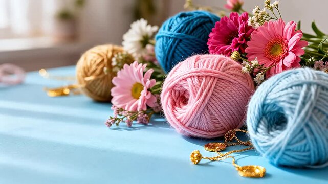 Colorful yarn balls and flowers on blue surface
