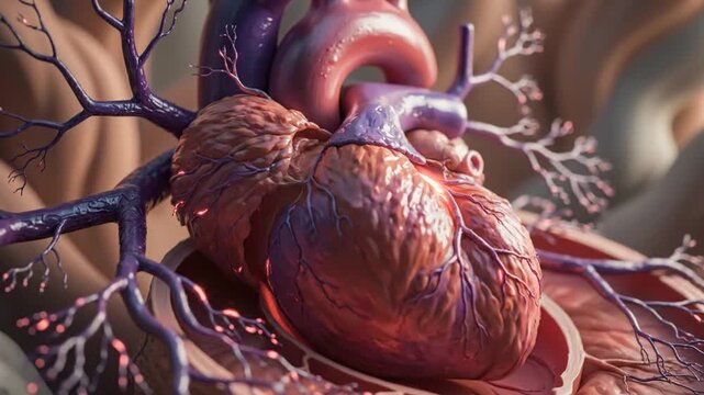 Heart anatomy cross section showing detailed chambers and vascular network with realistic textures