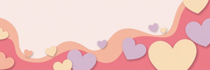 Valentines day banner with layered pastel hearts and flowing abstract waves on soft background, romantic minimal design concept of love and tender relationship