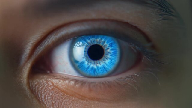 Captivating close-up of a human eye with a vibrant blue iris, revealing intricate details and a profound sense of vision and perception