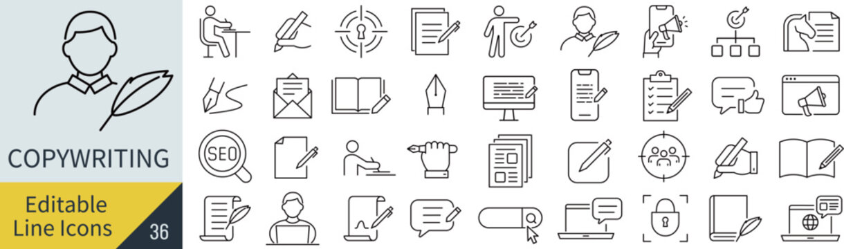 線の編集ができるコピーライティングに関するアイコンセット（アウトライン化していない）
