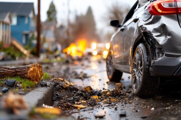 Flooded Street Scene with Damaged Car and Distress in Urban Environment
