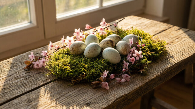 Fresh Spring Eggs and Cherry Blossoms Vernal Equinox Still Life. Warm sunlight illuminates speckled eggs nestled in soft moss beside delicate pink cherry blossom branches on rustic wood
