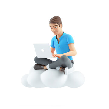 3d man sitting on cloud and using laptop