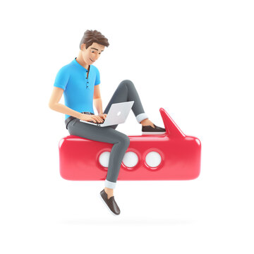 3d man with laptop sitting on bubble talk
