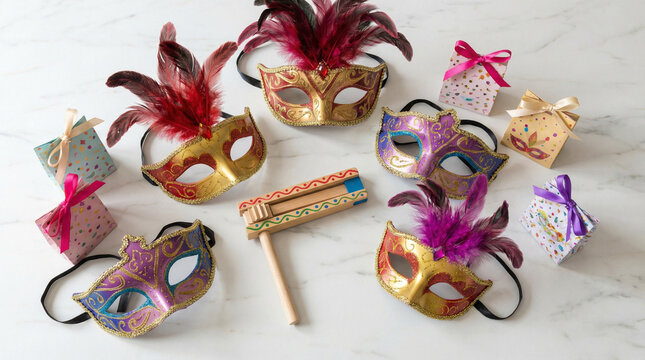 Minimalist Purim Symbols Flat Lay on White Marble Surface. Clean overhead arrangement of colorful carnival masks, grogger noisemaker, and gift bags on pristine white marble with soft shadows
