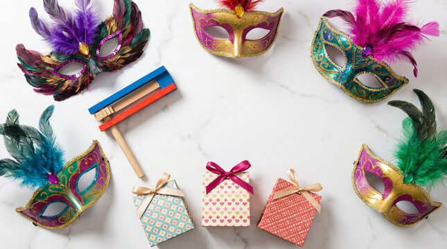Minimalist Purim Symbols Flat Lay on White Marble Surface. Clean overhead arrangement of colorful carnival masks, grogger noisemaker, and gift bags on pristine white marble with soft shadows